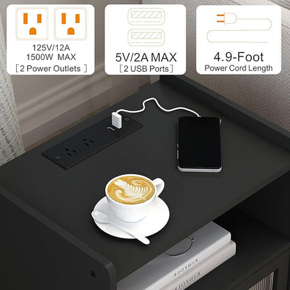 Nightstand with Charging Station, Bedside Tables Set of 2, End Table Side Table with 2 Tiers Storage Space, for Bedroom, Living Room, Black MLBZ07BEV-2