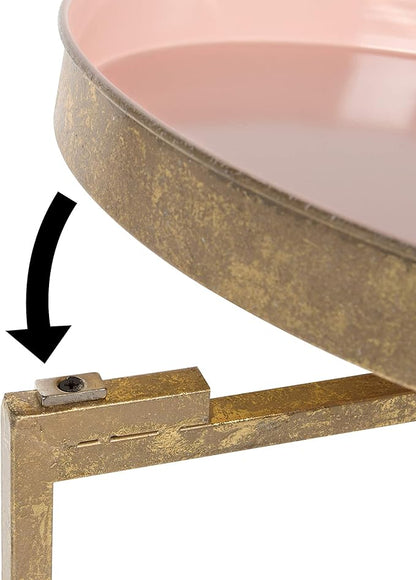 Kate and Laurel Celia Round Metal Foldable Tray Accent Table, Pink with Gold Base