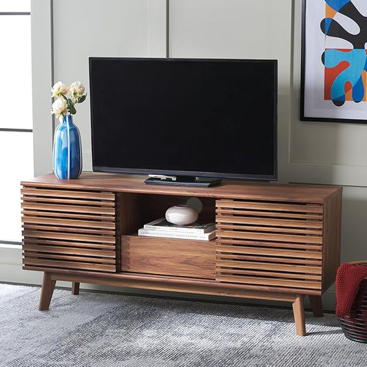 SAFAVIEH ESMA TV Stand for up to 60" Flatscreen – Walnut Brown, Low Sideboard with 2 Sliding Doors, 1 Open Shelf, 1 Drawer, Entertainment Media Console (MED9638A)