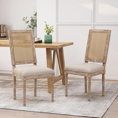 Merax Upholstered Solid Wood Dining Chairs Set of 2, French Country Style Accent Side Seating Furniture for Kitchen, Living Room, Wicker Back, Beige