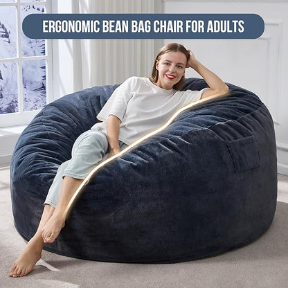 Hobestluk 5ft Bean Bag Chairs for Adults Large Beanbag Chair with Plush Faux Fur Cover Big Bean Bag Chair for Living Room Bedroom Dorm Office - Dark Grey (50” x 50” x 24”)
