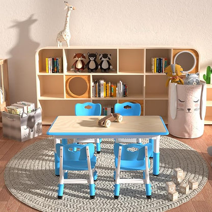 Kids Table and 4 Chairs Set，Height Adjustable Children Table & Chair，Toddlers Study Multi-Activity Table with 47.2"x23.6" Wipe-Clean Desktop，for Classrooms, Homes & Daycares