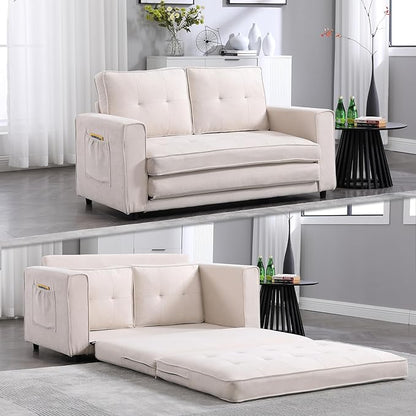 ERYE 3 Fold Tufted Upholstered Futon Sofa Bed Modern Convertible Foldable Floor Loveseat Sofabed with Pull Out Sleeper Couch Daybed W/Side Pockets for Living Room