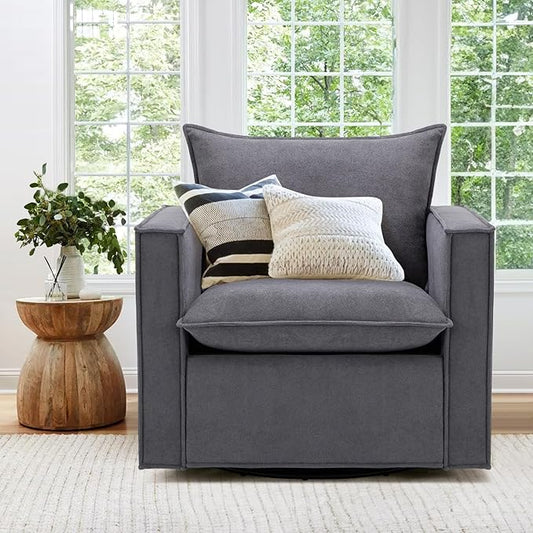 Swivel Accent Chair, 34 Inches Wide Upholstered Arm Chair with Plump Back Pillow, Modern Sofa Living Room Chair for Bedroom, Corner, Reading Nook-Grey