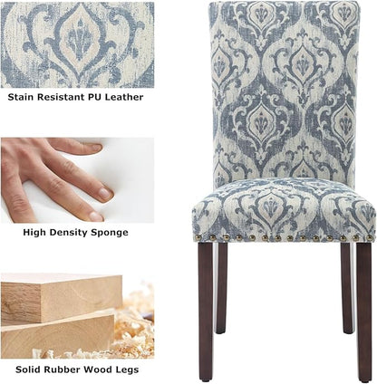 COLAMY Upholstered Parsons Dining Chairs Set of 2, Fabric Dining Room Kitchen Side Chair with Nailhead Trim and Wood Legs - Blue/White Flower
