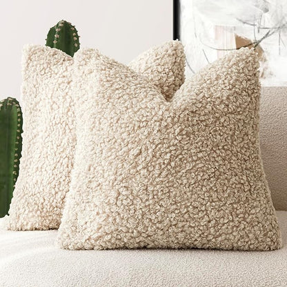 Foindtower 2 Pieces 20x20 Inch Light Khaki, Faux Fur Throw Pillow Cover Accent Sherpa Pillow Fuzzy Soft Pillowcases Sheepskin Decorative Fleece Cushion Case for Bed Couch Living Room