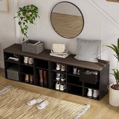 DINZI LVJ Shoe Bench,Entryway Storage Bench with Drawer and 8 Cubbies,Cubby Rack Adjustable Shelves,Shoe Organizer Cabinet for Living Room,Bedroom,Mudroom,Closet Garage,Espresso