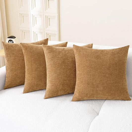 CaliTime Throw Pillow Covers Decorative 18 X 18 Inches Pack of 4 Cozy Chenille Cushion Cases for Couch Sofa Bed Living Room Home Apricot Brown