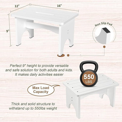 Wooden Step Stool for Adults, 9" Portable Wood Step Stool for Kids, Heavy Duty One Step Bedside Stool with 550 Lbs Load Capacity, Non-Slip White Foot Stool for Kitchen Bathroom Bedroom