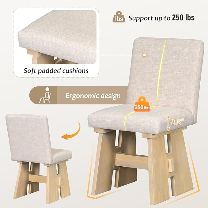 Ball & Cast Modern 7-Piece Dining Table Set with 6 Upholstered Chairs,Wood Tables Sets w/Space-Saving Design,Kitchen Furniture Suitable Big Family Gatherings,Natural