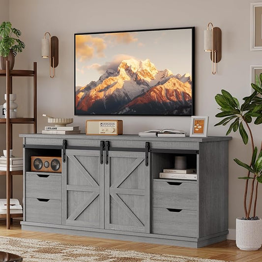 YESHOMY TV Stand for Televisions up to 65 Inchs, with Sliding Barn Doors and 4 Storage Drawers, Console Table and Media Furniture for Living Room, 58 Inch, Gray