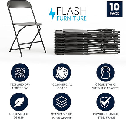 Flash Furniture Hercules Set of 10 Indoor/Outdoor Heavy-Duty Plastic Folding Chairs, Foldable Commercial Stacking Chairs with 650-lb. Static Weight Capacity, Black