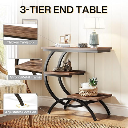 Tribesigns C-Shaped End Table, Industrial 3-Tier Small Side Table for Couch, Wood Bedside Table Snack Side Table with Storage Shelves for Living Room Small Space, Rustic Brown