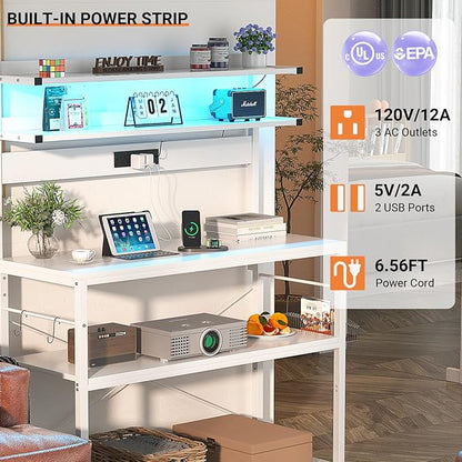 Aheaplus Bakers Rack with Power Outlet, Microwave Stand, 5 Tiers Coffee Bar Station with Led Lights, Kitchen Storage Shelf with 6 S-Shaped Hooks, Kitchen Rack Coffee Bar Stand, White