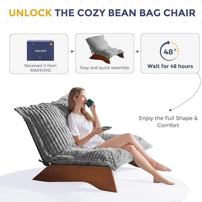 MAXYOYO Adjustable Living Room Chair, 3-Position Bean Bag Chair with Removable Cover, Upholstered Accent Chair with Frame, Soft Reclining Lounge for Bedroom, Apartment, Office, Grey