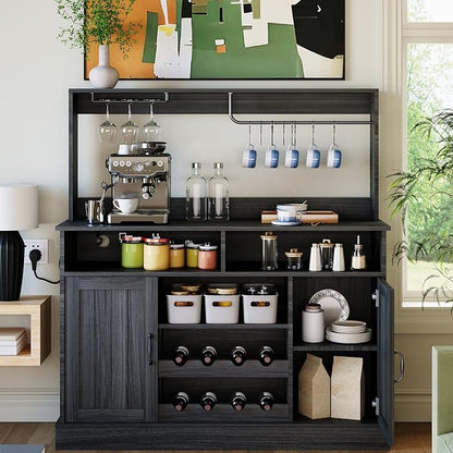 47" Farmhouse Buffet Sideboard Cabinet with Power Outlets Coffee Bar Cabinet with Storage, Large Buffet Storage Cabinet Table with Wine Racks, Goblet Holder, Hooks for Kitchen, Dining Room, Grey