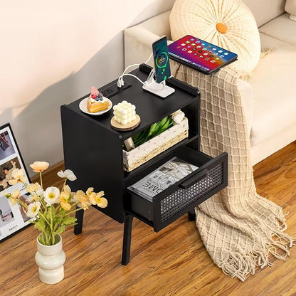 Lerliuo Rattan Nightstands Set of 2 with Charging Station, Boho Side Table with Drawer Open Shelf, Cane Accent Bedside End Table with Solid Wood Legs for Bedroom, Dorm and Small Spaces (Black)