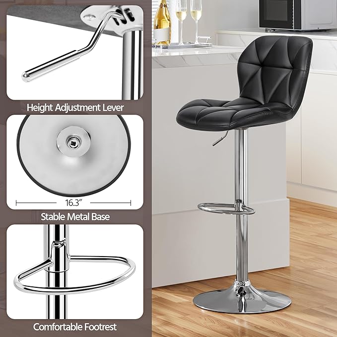 Yaheetech Bar Stools Set of 2, Modern Adjustable Kitchen Island Chairs, Black PU Leather Swivel Counter Stools for Bar, Kitchen Counter, Black