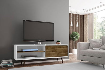 Manhattan Comfort Liberty Collection Mid Century Modern TV Stand With One Cabinet and Two Open Shelves With Splayed Legs, Wood/White, Medium, Model Number: 201AMC69