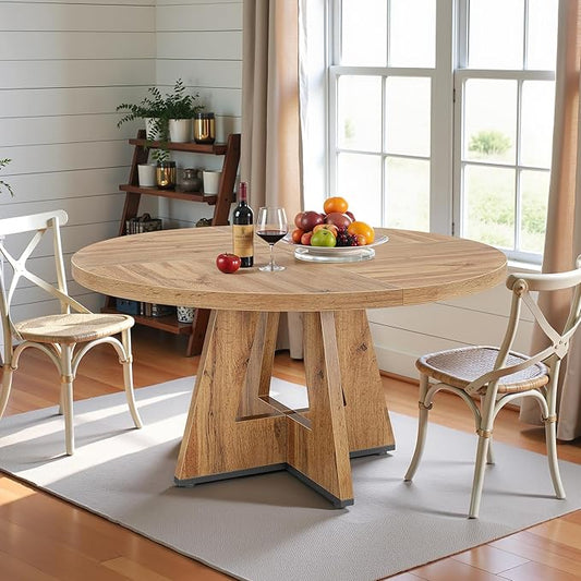 Round Dining Table for 4, 47 Inch Dinner Table Farmhouse Wooden Circle Kitchen Tables with Cross Base for Dining Room, Kitchen, Living Room, Retro Brown