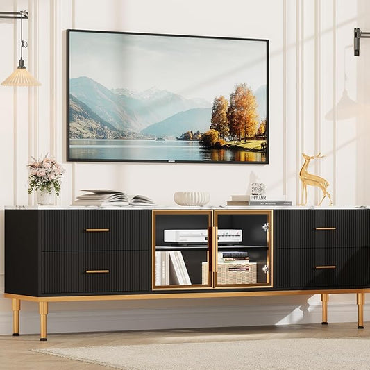 Garvee LED Lighted TV Stand for 55-75" TVs, Modern Entertainment Center with Drawers & Shelves, Glass Doors Living Room Furniture, Black