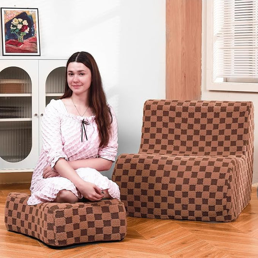 Giant Bean Bag Chair for Adults with Ottoman, Teddy Fabric Beanbag Chair with Memory Foam Filled,Plush Lazy Floor Sofa with Footstool Couch for Living Room,Bedroom,Dorm, Apartment, Brown