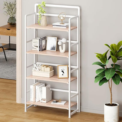 No Assembly Folding Bookshelf, 4 Tiers Collapsible Book Shelf for Home Office, Vintage Wood Foldable Bookcase Storage Organizer for Living Room Bedroom (Beige)