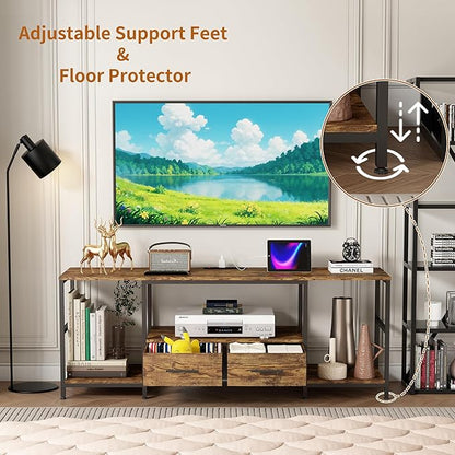 TV Stand for 75 Inch TV, TV Stands for Living Room with 2 Storage Drawers, Entertainment Center with Power Outlets, TV Stand for Bedroom, Television Stands, Brown/Black