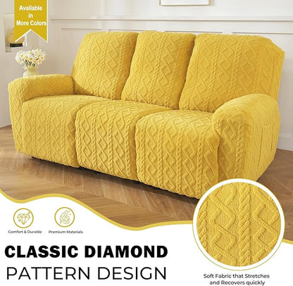 vctops 8 Pieces Geometric Jacquard Plush Recliner Sofa Covers Soft Fuzzy Fluffy 3 Seats Couch Cover Anti-Slip Sofa Slipcover Furniture Protector with Elastic Bottom for Kids Pet(Yellow,3 Seat)
