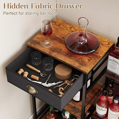Liquor Cabinet Bar for Home with Drawer, 3-Tier Wine Rack Freestanding Floor and Wine Shelf with Step Design for Whiskey, Spirits, Vintage Mini Bar for Kitchen Apartment
