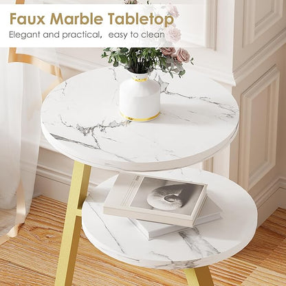 BEWISHOME Round End Table Marble Side Table with Metal Frame, Small Nightstand with 3-Tier Shelves, Night Stand for Living Room Bedroom Tall Gold White Stand KTZ41J