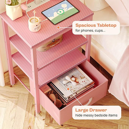 SUPERJARE Nightstand with Charging Station, Bed Side Table with Adjustable Fabric Drawer, Night Stand for Bedroom, 3-Tier Storage End Table, for Living Room, Pink