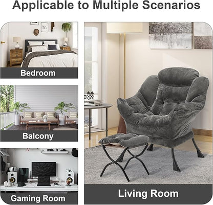 Fabric Lazy Chair with Ottoman, Oversized Upholstered Sofa Chair for Adults, Plush Comfy Lounge Chair with Large Side Storage Pocket, Reading Chair for Living Room, Bedroom, Office, Dark Gray