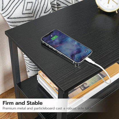 HOOBRO Set of 2 End Tables with Charging Station, Narrow Side Table with Drawers & USB Ports & Power Outlets, Nightstand for Small Spaces, Living Room, Stable and Sturdy, Black BK541BZP201