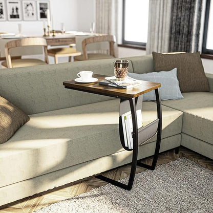 SRIWATANA Side Table End Table, Vintage C Shaped Couch Table with Side Pocket for Sofa Laptop Coffee Snack, Walnut