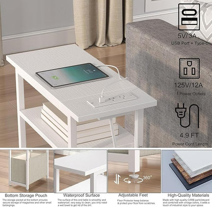 Narrow Side Table with Charging Station, LED End Table Set of 2 for Small Spaces, Skinny Nightstands Set 2 with Storage Basket, 3 Tier Sofa Bedside Tables for Living Room,Bedroom, White