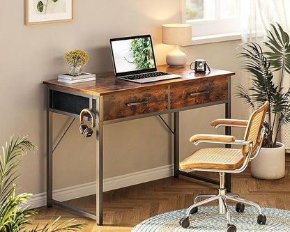 Casaottima 40 Inch Small Office Computer Desk with 2 Drawers & Headphone Hook - Compact Writing Desk for Home Office, Study or Work, Modern Space-Saving Design for Small Spaces, Pure Vintage