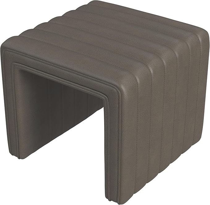 HomePop Modern Channel Tufted Faux Leather Ottoman Home Décor|Ottoman for Living Room & Bedroom - Pewter Gray Faux Leather