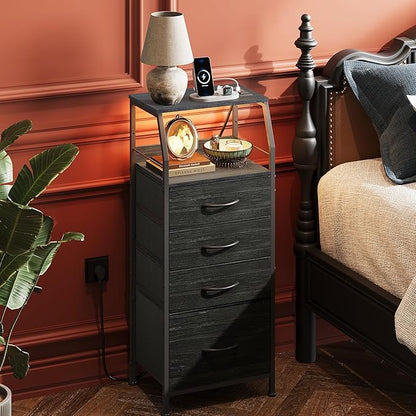 WLIVE Nightstand with Charging Station, Black Night Stand with LED Light, Tall 4 Drawer Dresser for Bedroom, 37" H Bedside Table with Fabric Storage Bins, Open Wood Shelf, Metal Frame