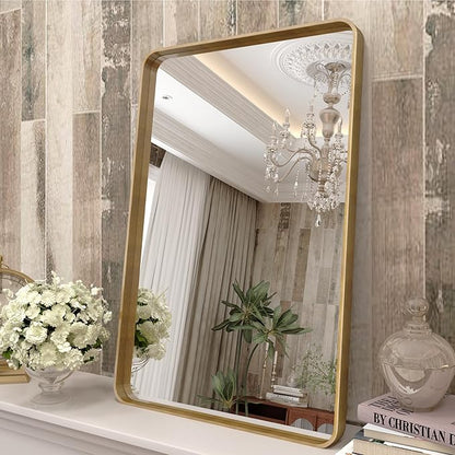 16x24 Gold Bathroom Mirror, Rounded Rectangle Gold Framed Mirror, Brushed Gold Brass Bathroom Vanity Mirror, Anti-Rust, Hangs Horizontally or Vertically