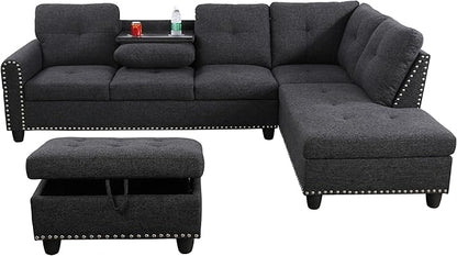 L Shaped Sectional Couch with Otttoman, 97" Sectional Sofa for Living Room Flannel Modular Couches with Cup Holders for Bedroom, Apartments, Black Grey