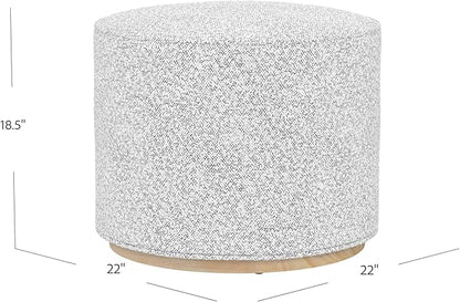 Bouclé Ottoman with Wooden Base – 22” Round Upholstered Footrest, Cream Bouclé with Gray Yarns, Modern Accent Stool for Living Room & Bedroom