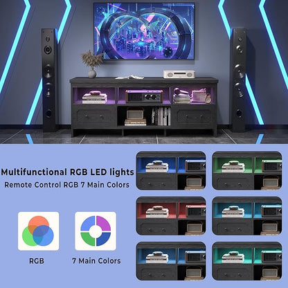 IRONCK TV Stand for 65 Inch TV, 63" LED Entertainment Center with Storage Cabinets, Power Outlets and Open Shelf, Media Console TV Cabinet with Drawers for Living Room, Black