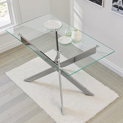 Dining Table for 4 Modern 47.2" Rectangular Glass Dining Table Kitchen & Dining Room Tables with Metal Base for Dining Room and Apartment, Silver