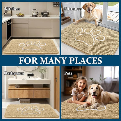 OLANLY Door Mat for Muddy Dog Paws 30x20, Ultra Absorbent Chenille Mud Doormat with Paw Print Design, Non-Slip Washable Doormat for Indoor Entryway, Quick-Dry Pet Bed Mats for Dirty Dogs, Beige