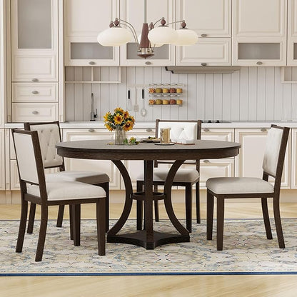 Merax 5-Piece Extendable Round Dining Table Set 42"-58" Retro Functional Table and 4 Upholstered Chairs for Dining Room and Living Room (Espresso)