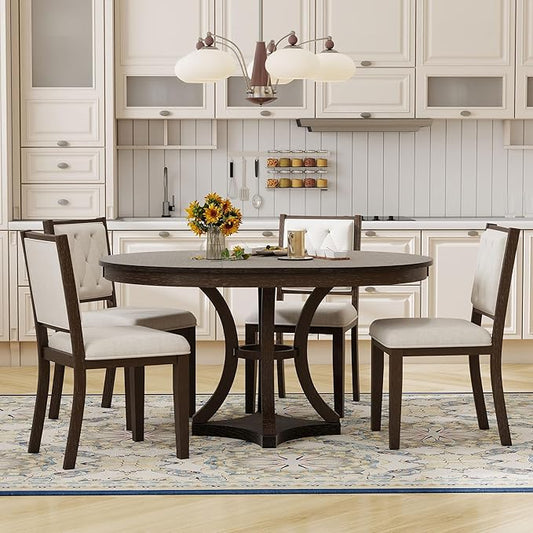 Merax 5-Piece Extendable Round Dining Table Set 42"-58" Retro Functional Table and 4 Upholstered Chairs for Dining Room and Living Room (Espresso)