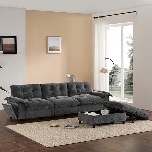 Mreax L-Shape Sectional Sofa with Movable Storage Ottoman and Multifunctional Armrest, 4 Seater Oversized Chenille Upholstered Cloud Couch for Living Room, Apartment, Unique Tufted Design, Dark Gray