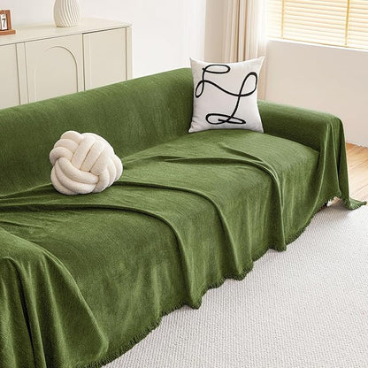 hyha Couch Cover for Dogs, Boho Sofa Covers for 3 Cushion Couch Washable, Chenille Sofa Slipcover for Pets, Soft Loveseat Sectional Couch Throw Blankets with Tassels (Green, 71x118 Inch)