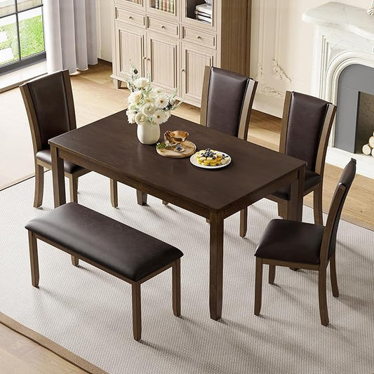 KEIKI 6-Piece Standard Height Dining Table Set with Rectangular Table, 4 Upholstered Chair, Bench, for 6 Person, Farmhouse Rustic Table Set, Easy Assembly, for Kitchen, Dining Room, Dark Walnut